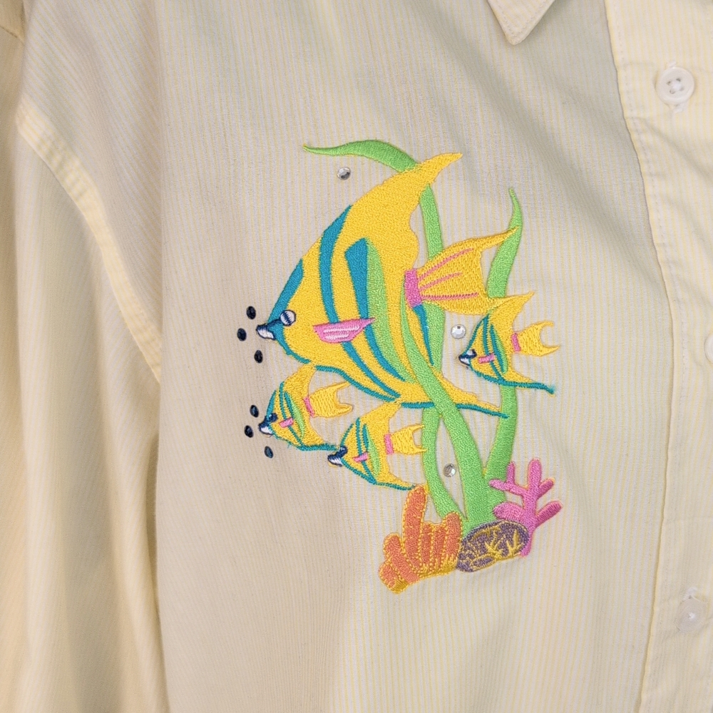 White and Butter Yellow Pinstriped Button-Up Shirt with Fish Embroidery - Picture 9 of 10